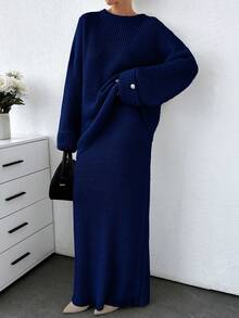 EURMUSE Plus Women Solid Color Chunky Sweater & Sweater Skirt Set - Navy Blue - View 1