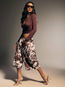 Denimoi Cow Print Wide Leg Denim Jorts, Cow Print Denim, Cow Print Shorts, Fashionable, Fall And Winter - Brown - View 4