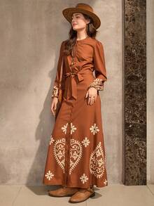 Wildy 休闲波西米亚刺绣棕色连衣裙，美式乡村风格，适合度假和所有季节 - 棕色 - 查看 1