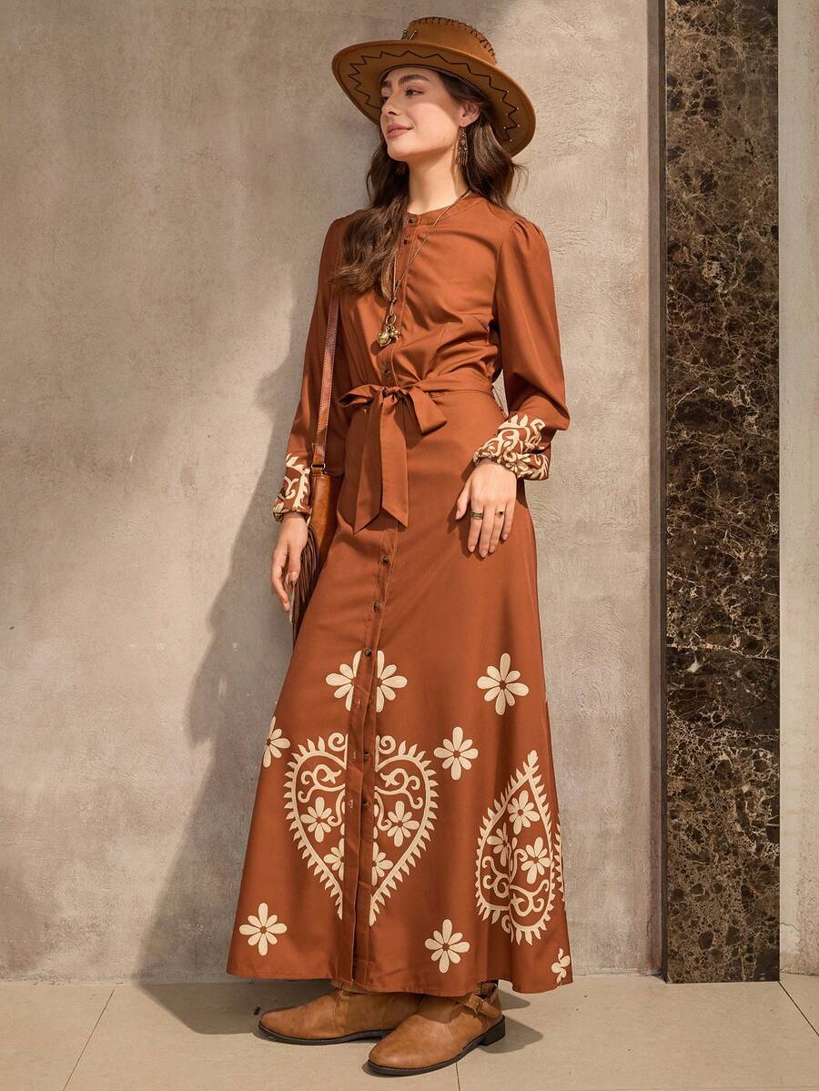 Wildy 休闲波西米亚刺绣棕色连衣裙，美式乡村风格，适合度假和所有季节 - 棕色 - 查看 1