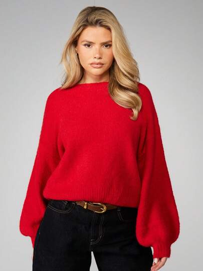 MISSGUIDED Suéter de cuello redondo extra grande, de manga larga, de punto acogedor para Navidad, otoño e invierno