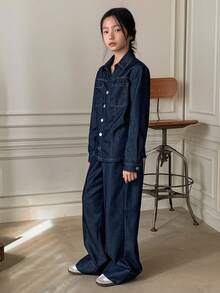 Dazy Kids Tween Girls Denim Top & Pants Set, Fall Outfit - Blue - View 6