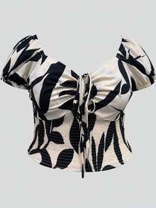 Almamuse Blusa de mujer talla grande con cuello de corazón, mangas abultadas y estampado floral diminuto de verano - Multicolor - Ver 3