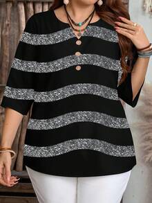 EMERY ROSE Plus Size Women's Casual Minimalist Black & Gray Striped Shirt, Suitable For Summer,Spring/Vacation - Multicolor - View 6