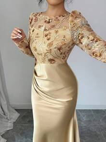 DAZY 女式花卉亮片网眼圆领长袖荷叶边优雅长款派对连衣裙 - 金色 - 查看 6