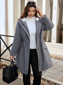 Vionelle Plus Size Long Sleeve Zipper Fluffy Lining Slant Pocket Drawstring Waist Hooded Basic Casual Parka Winter Coats For Women Winter/Autumn - Grey - View 7