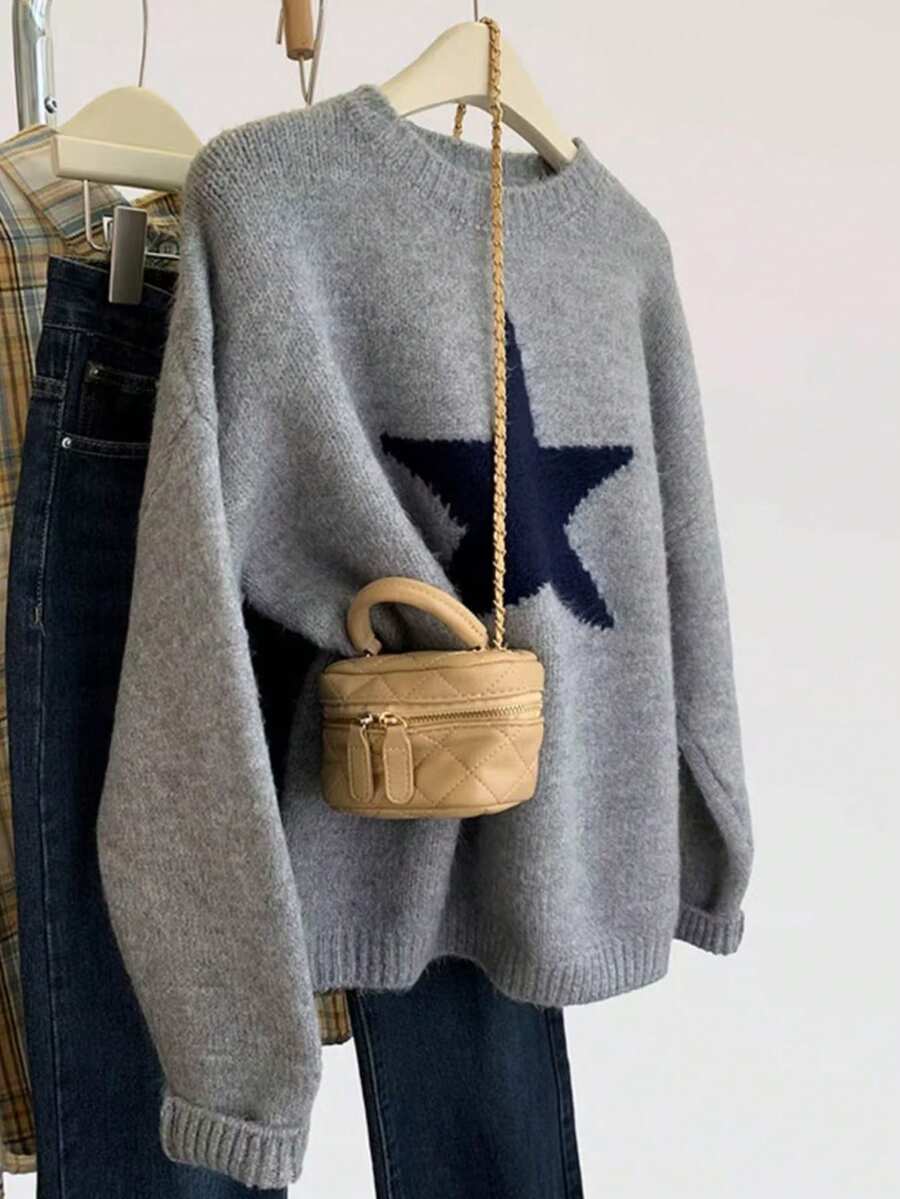 EMERY ROSE Plus Size Dropped Shoulder Five-Pointed Star Jacquard Knit Crew Neck Sweater