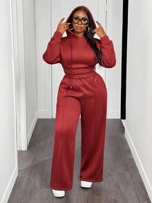 Slaydiva Bộ đồ 2 món thu đông 2025 dành cho nữ cỡ lớn - Áo hoodie màu nâu gỉ cỡ lớn có dây rút và quần ống loe, phong cách đường phố Y2K thích hợp mặc đi học, đi làm, tiệc tùng, thường ngày - Rỉ Nâu - Xem 3