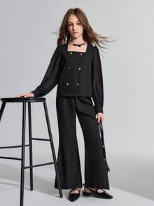 Ontre Ensemble chemise à double boutonnage en chiffon patchwork tressé et pantalon évasé pour préadolescentes - Noir - Voir 1