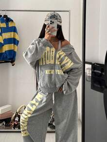 StreetHx 2pcs/Set Women Streetwear Oversized Letter Print Rhinestone Sweatshirt And Sports Sweatpants Fall Cloth For Women - Grey - View 6