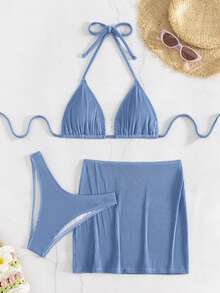 Bonvoyette Conjunto de bikini de cuello de halter de unicolor con falda tipo pareo, 3 piezas de verano para mujer