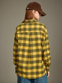 Elnivra 女式长袖复古蝴蝶结格纹梭织衬衫，黄色，秋冬 - 彩色 - 查看 2