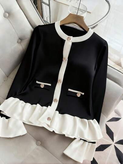 Franclia Women's Blouse, Round Neck, Raglan Long Sleeves With Bell Cuffs, Contrast Color Collar, Placket, Hem And Cuffs, Metal Button Closure On Front And Sides, Woven Fabric, Casual And Elegant Daily Wear