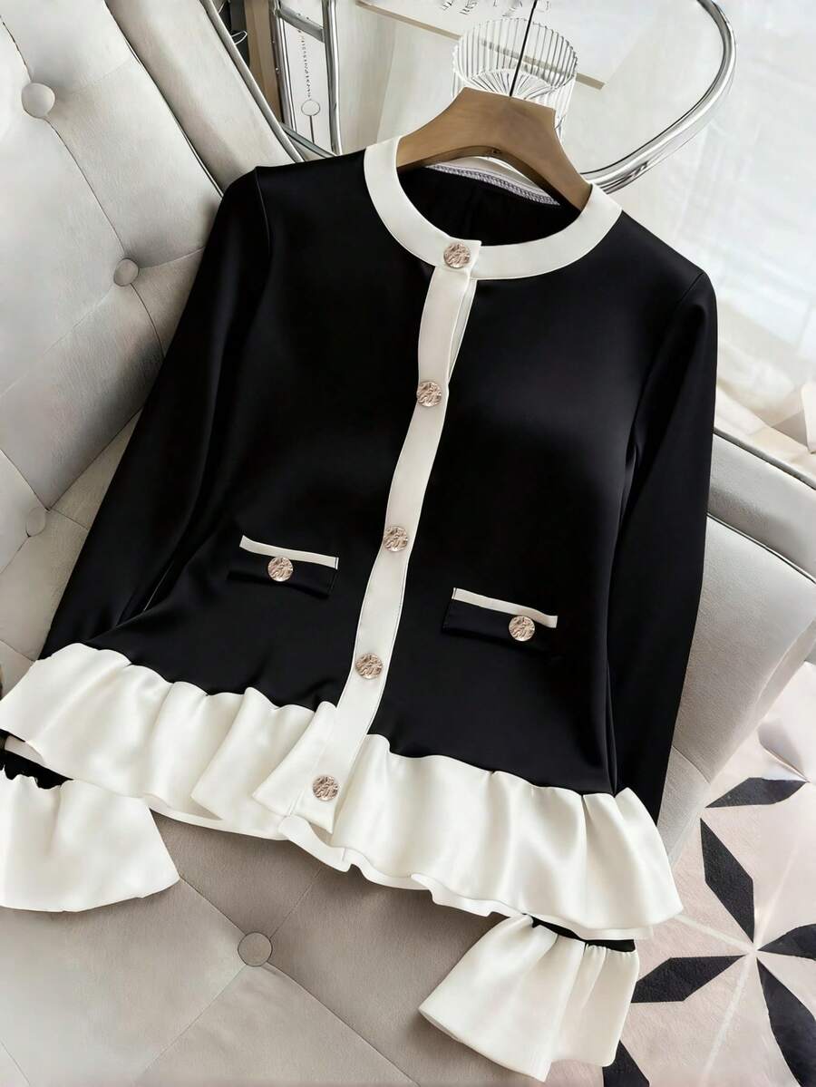 Franclia Women's Blouse, Round Neck, Raglan Long Sleeves With Bell Cuffs, Contrast Color Collar, Placket, Hem And Cuffs, Metal Button Closure On Front And Sides, Woven Fabric, Casual And Elegant Daily Wear