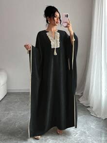 Rafferiza Women's V-Neck Fringe Design Batwing Sleeve Loose Long Dress Clothes For University - Black - View 8