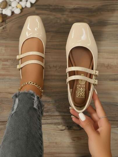 Bailarina para mujer charol brillante+punta cuadrada+doble correa+suela plana+estilo clásico elegante+trabajo diario+zapatos planos