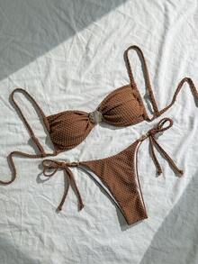 Swim Chiccia 女士夏季沙滩装，纯色提花面料细肩带性感比基尼套装，带贝壳金属装饰 - 棕色 - 查看 1