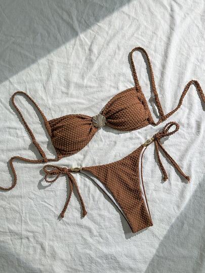 Swim Chiccia Women's Summer Beach Outfits, Solid Color Jacquard Fabric Spaghetti Strap Sexy Bikini Set With Shell Metal Decor