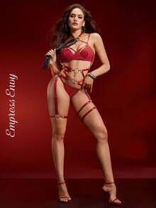 SHEIN 3件套女士性感内衣套装，金属扣带，情趣内衣，圣诞节 - 紅色 - 查看 2