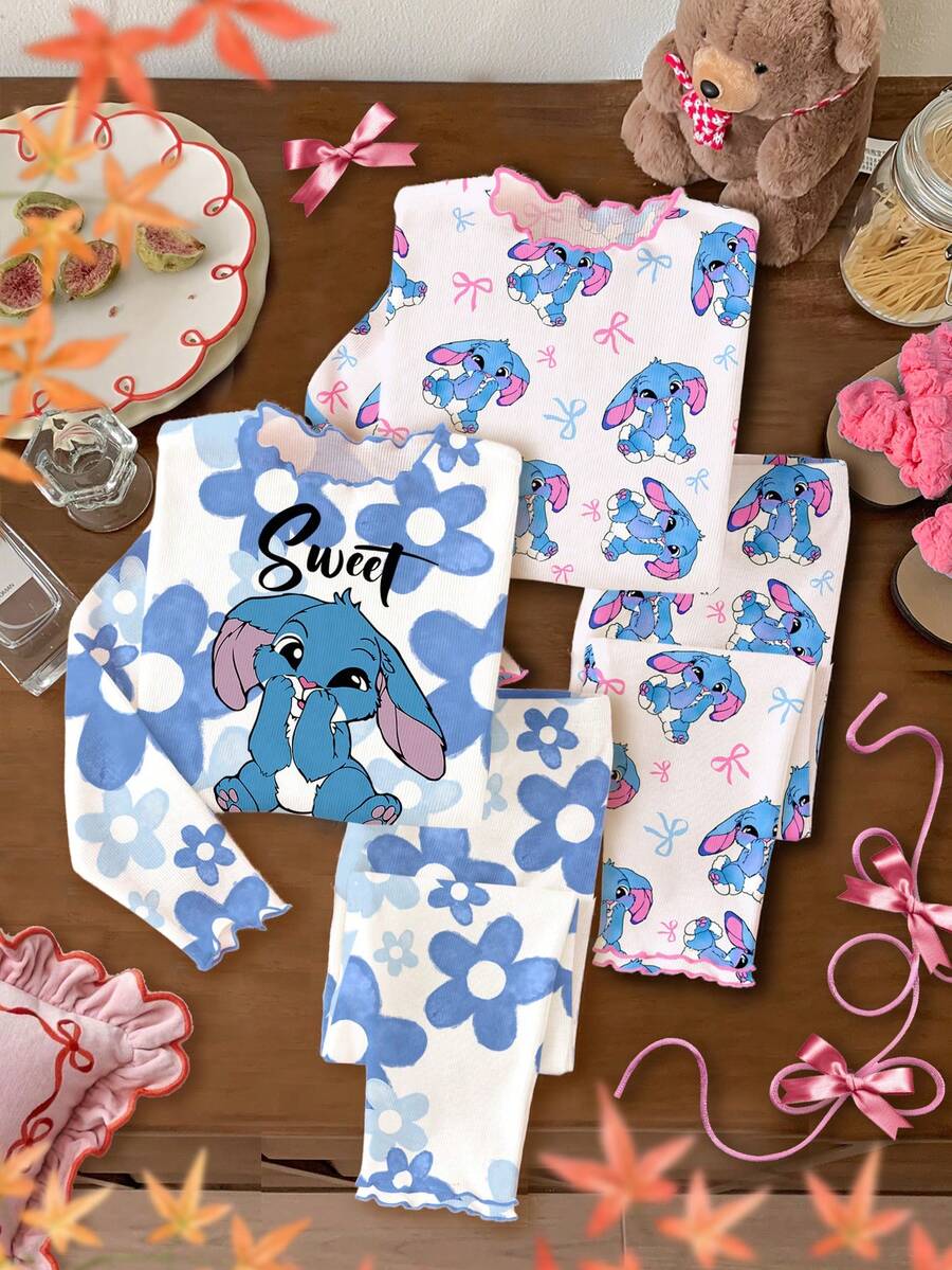 SHEIN Leap Crew 可爱卡通蓝色兔子图案，芭蕾舞风格，蓝色渐变花卉，粉色蝴蝶结印花，少女休闲简约紧身家居服长袖上衣和裤子套装 - 彩色 - 查看 1