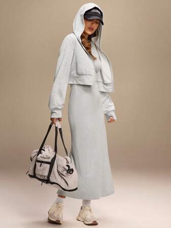 Hanevo 2件套女式刺绣连帽长袖休闲外套和无袖连衣裙套装