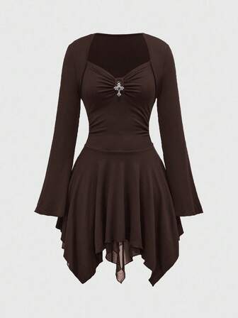 Goth Gothic Cross Decor Asymmetrical Hem Mini Dress