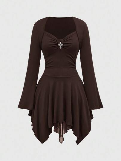 Goth Gothic Cross Decor Asymmetrical Hem Mini Dress