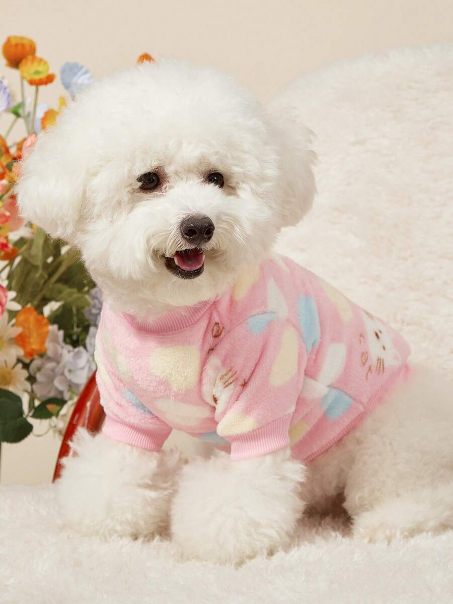 PETSIN 1件宠物猫狗通用基础化妆小猫爱时尚图案印花毛绒保暖弹力舒适狗圆领毛衣 - 彩色 - 查看 1