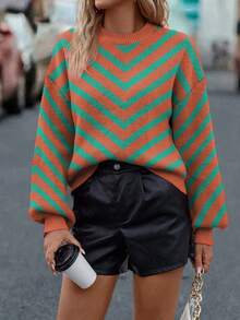 SHEIN LUNE Women's Casual Colorblock Striped Sweater, Autumn/Winter - Orange Ignite - View 4