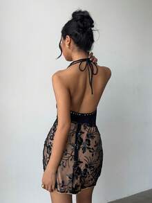 Aloruh Women's Deep Draped Neck Rivet Decor Sequin Embroidered Backless Fitted Mini Dress,Black Floral,Summer,Chic,Nightclub,Christmas Party,Graduation - Black - View 8