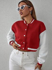 SHEIN Unity 女式秋季撞色长袖单排扣休闲短款棒球夹克 - 紅色 - 查看 5