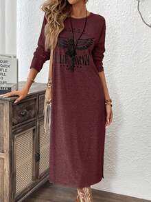 EMERY ROSE Women's Casual Letter & Eagle Graphic Split Hem Long Sleeve Dress, Autumn/Winter - Red Violet - View 1