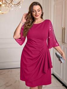 Reflora Plus Size Women Elegant Rhinestone Embellished Off-Shoulder Ruched Dress - Hot Pink - View 4