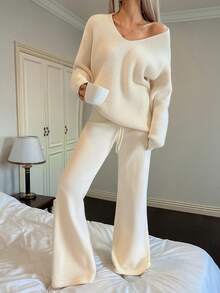 DAZY 女式针织 V 领宽松上衣和喇叭裤休闲家居服套装，冬季 - 白色 - 查看 6