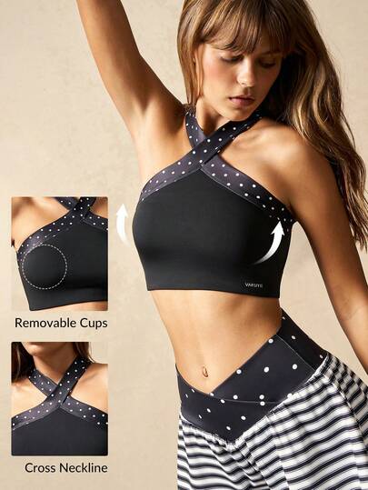 VARSITIE Sujetador deportivo ajustado sin mangas y con espalda descubierta con lunares para mujer