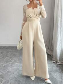 SHEIN PETITE Elenzga 女式花卉刺绣网眼拼接长袖褶皱腰阔腿优雅连体裤