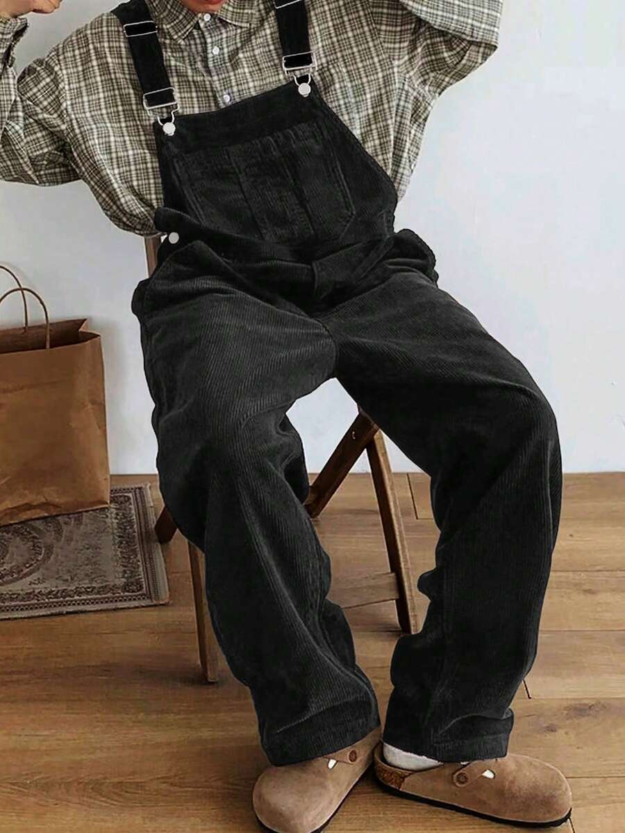 Manfinity Roghcode 纯色无袖时尚百搭宽松休闲灯芯绒背带裤，黑色，男士冬季款 - 黑色 - 查看 1