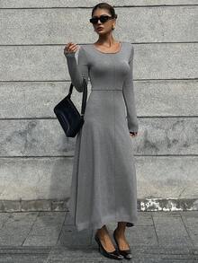 DAZY Women's Elegant Solid Color Round Neck Long Sleeve Knitted Dress, Autumn Sweater Dress - Grey - View 5