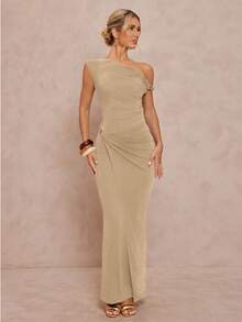 Lumalex 女式不对称肩部镂空金属装饰腰部修身连衣裙 - 卡其色 - 查看 3