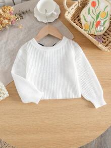 SHEIN LMoss Kids LMoss Baby Girl Color-Block Big Bow Crew Neck Form-Fitting Casual Sweater - White - View 2