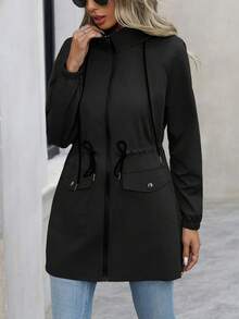 SHEIN PETITE Women's Cinched Waist Hooded Regular Jacket Black Jacket Women Women Coats Rain Coat For Women Black Coat Women - Black - View 3