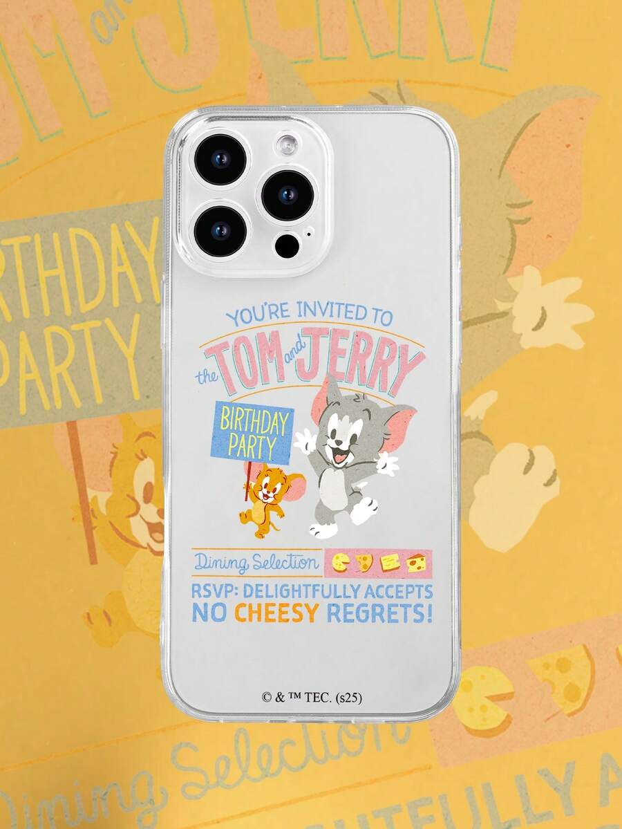 1 pieza Funda de teléfono con invitación a la fiesta de cumpleaños de Jerry de TOM & JERRY x SHEIN, de textura de alta gama, sencilla, totalmente transparente, a prueba de golpes y de moda. Compatible con iPhone. - transparente - Ver 1