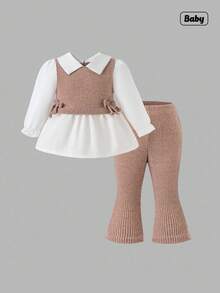 Sweetra Baby Girl Bow Decor Long Sleeve 2 In 1 Top And Flared Pants Cute Outfit, Autumn - Multicolor - View 1