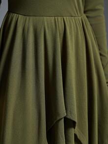 MYSTAURA Women's Solid Color Long Sleeve Asymmetric Hem Casual Mid-Length Dress - Green - View 6