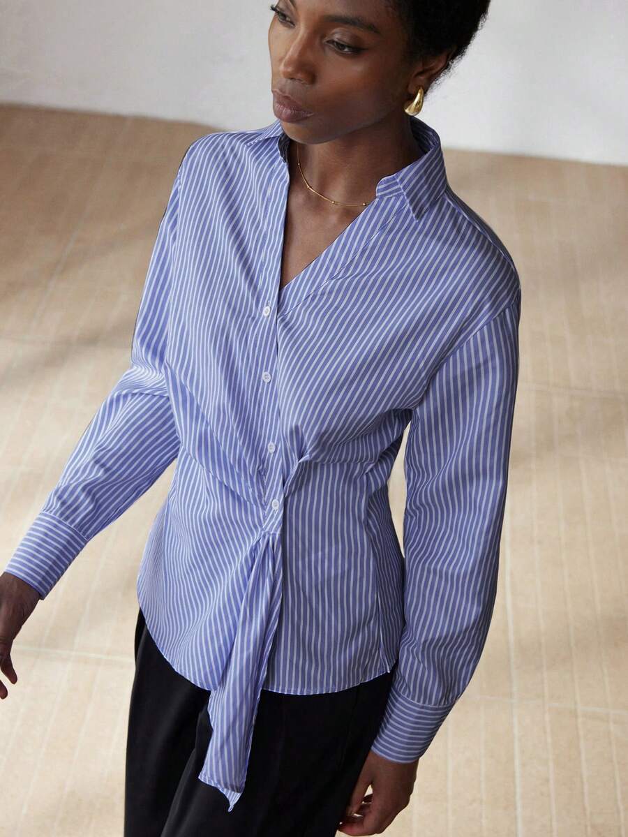 Aveloria Modichic V-Neck Striped Commuter Chic Slim Waist Long Sleeve Shirt - Blue and White - View 1