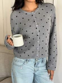 CovetEZ Women's Autumn/Winter New Casual Fashionable Versatile Polka Dot Pattern Comfortable Cardigan Jacket Casual Long Sleeve Casual Knit Cardigan, Autumn/Winter Style Women's Polka Dot Pattern Long Sleeve Single-Breasted Casual Knitted Cardigan, Autumn/Winter - Grey - View 5