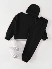 2pcs/Set Girls Embroidered Floral Casual Hooded Sweatshirt - Black - View 2