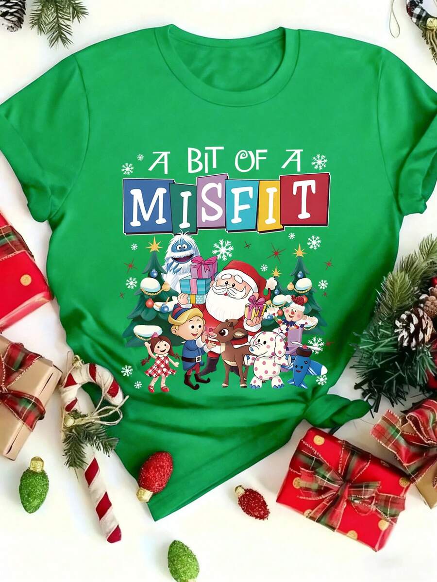 EMERY ROSE 大尺碼趣味「A Bit Of A Misfit」聖誕T恤,精靈與雪人圖案短袖上衣,綠色夏季休閒時尚度假派對搞怪禮物首選 - 綠色 - 查看 1