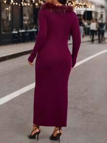 EMERY ROSE 大码女式纯色拼接毛绒圆领长袖修身优雅针织连衣裙，秋冬 - 酒紅色 - 查看 2