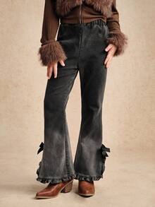 Tween Girls Fashion Ombre Flared Jeans With Bowknot & Ruffle Hem, Casual Loose Straight Leg Elastic Waist Denim Pants For Autumn/Winter - Black - View 1